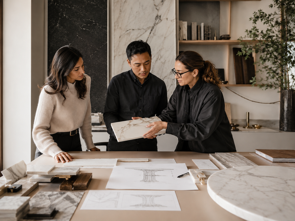 Interior designers reviewing marble furniture materials and drawings