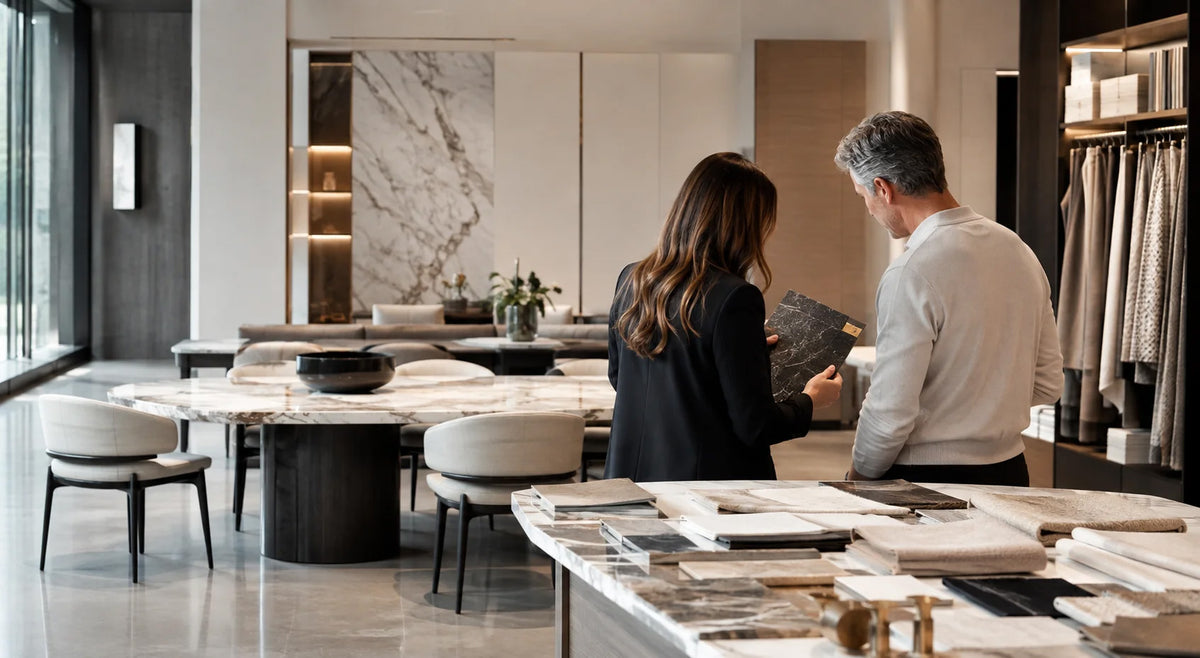 Premium furniture retail showroom featuring natural marble tables