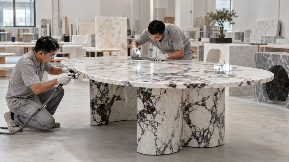 Hand finishing and quality inspection of natural marble furniture