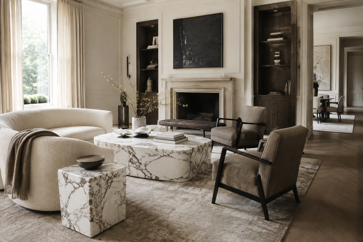 Natural marble dining tables in a premium restaurant interior