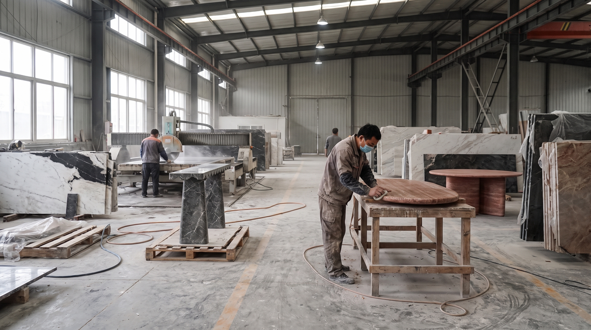 Organised marble furniture production at the Stoneage Interiors facility