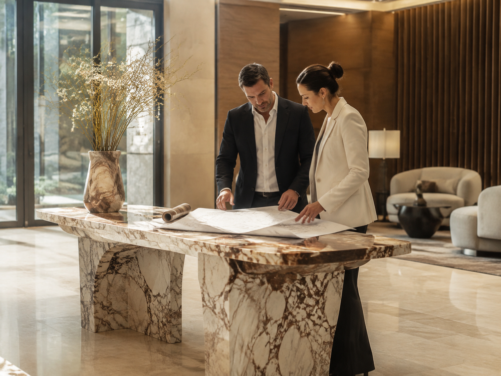 Property developers reviewing a marble furniture project