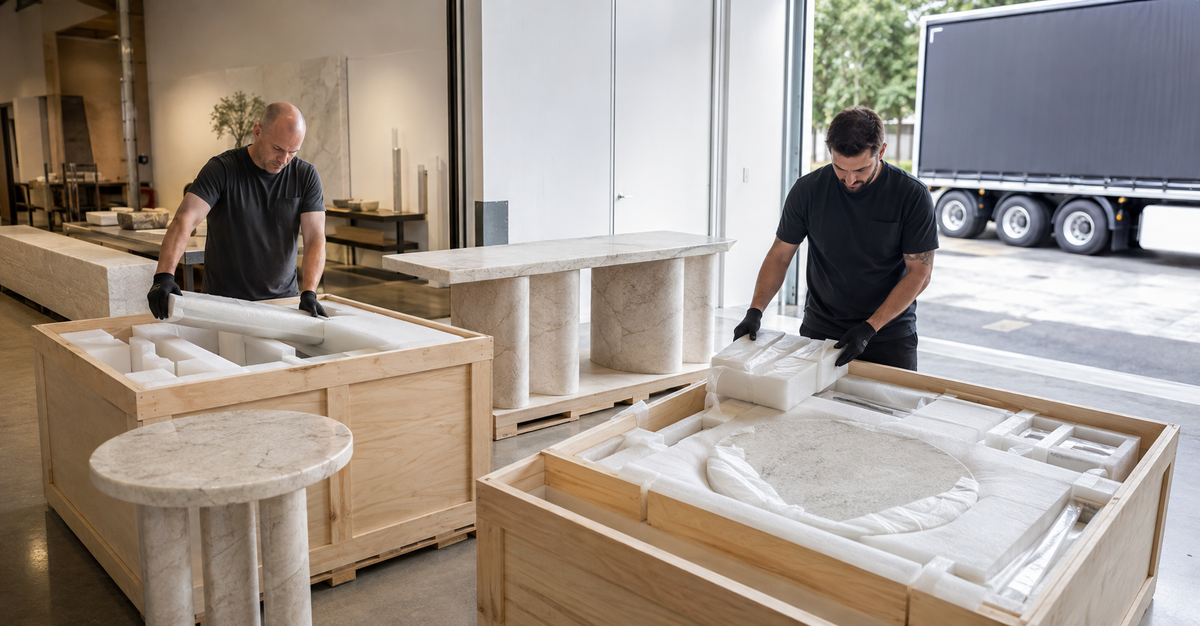 Protected marble furniture prepared for international delivery