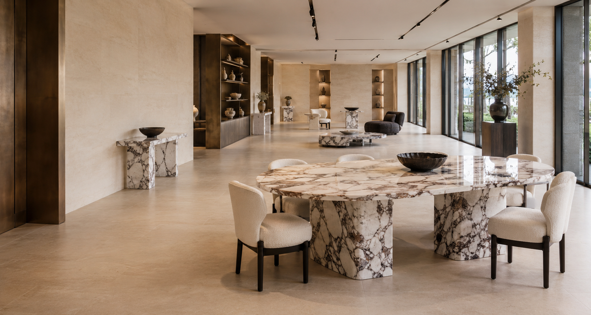 Premium natural marble furniture displayed in a retailer showroom